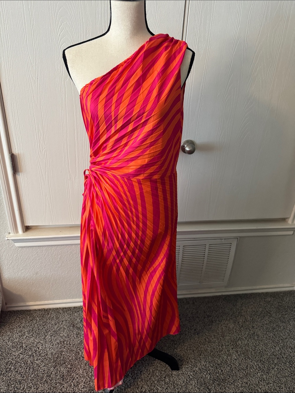 One-Shoulder Pink & Orange Stripe Midi Dress